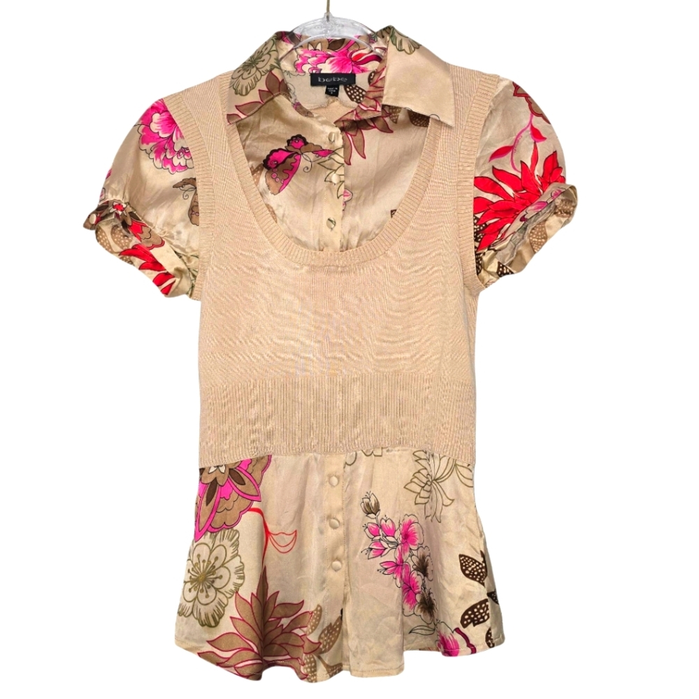Y2K ♥︎ BEBE ♥︎ SZ S • Silk Shortsleeve Floral Onepiece Blouse & Vest Puff Sleeve